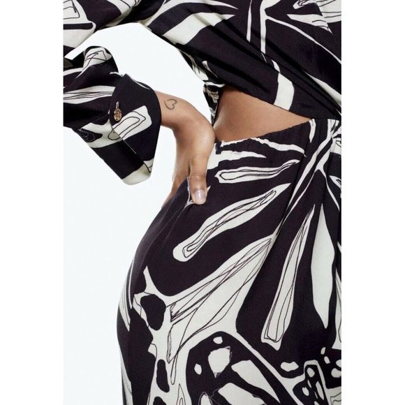 ZARA Womens Abstract Printed Cut-out Midriff Midi Dress Navy/Off-White S NWT - Picture 9 of 14